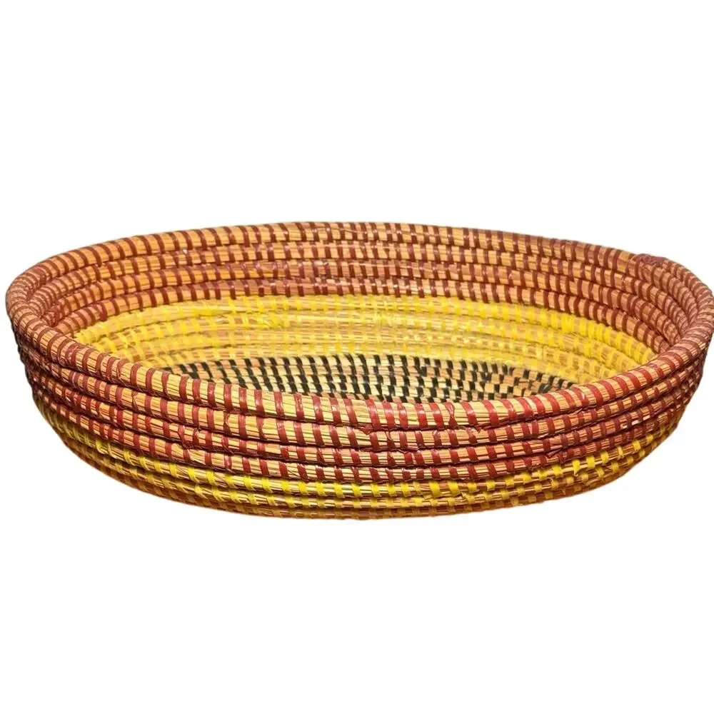 Vintage African Coiled Sweetgrass Basket Hand Woven Oval Boho Bread Bowl Tray